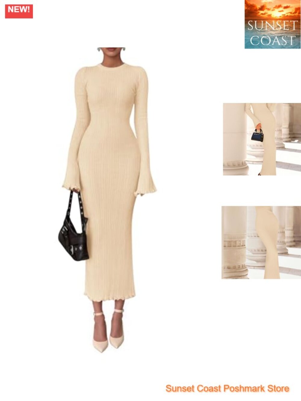 PRETTYGARDEN Women's Sweater Dress Long Sleeve Bell Sleeve Bodycon Maxi